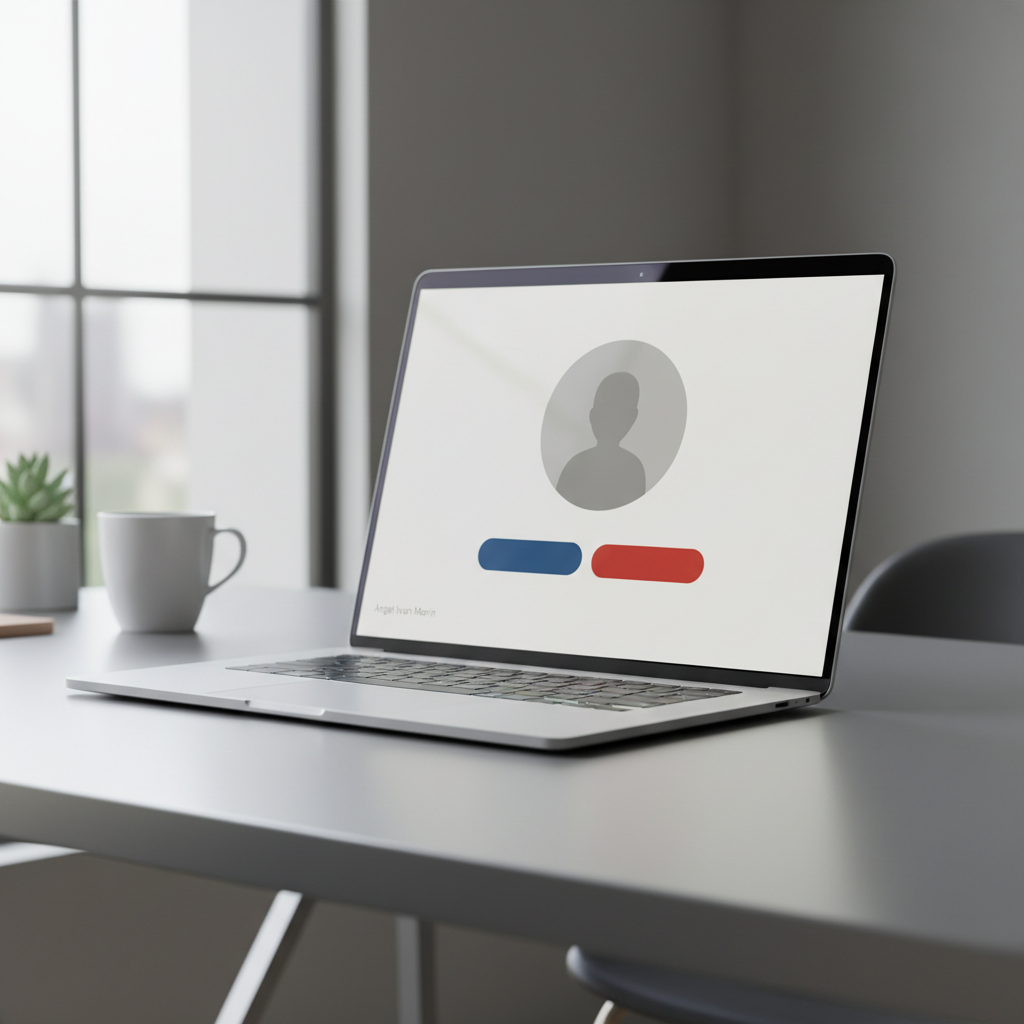 A minimalist, professional homepage concept shown on a thin laptop screen, placed on a clean desk with a subtle reflection on its metallic surface. The screen displays a large circular placeholder portrait silhouette and two horizontally aligned buttons beneath it, one tinted in a cool blue and the other in a warm red, symbolizing English and Spanish options without any legible text. Ambient daylight from a nearby window blends with the screen’s glow, softly illuminating the keyboard and surrounding workspace. Photographic realism, captured from a slightly off‑center angle using the rule of thirds, emphasizing clarity, trust, and bilingual accessibility for presenting Angel Ivan Marin online.