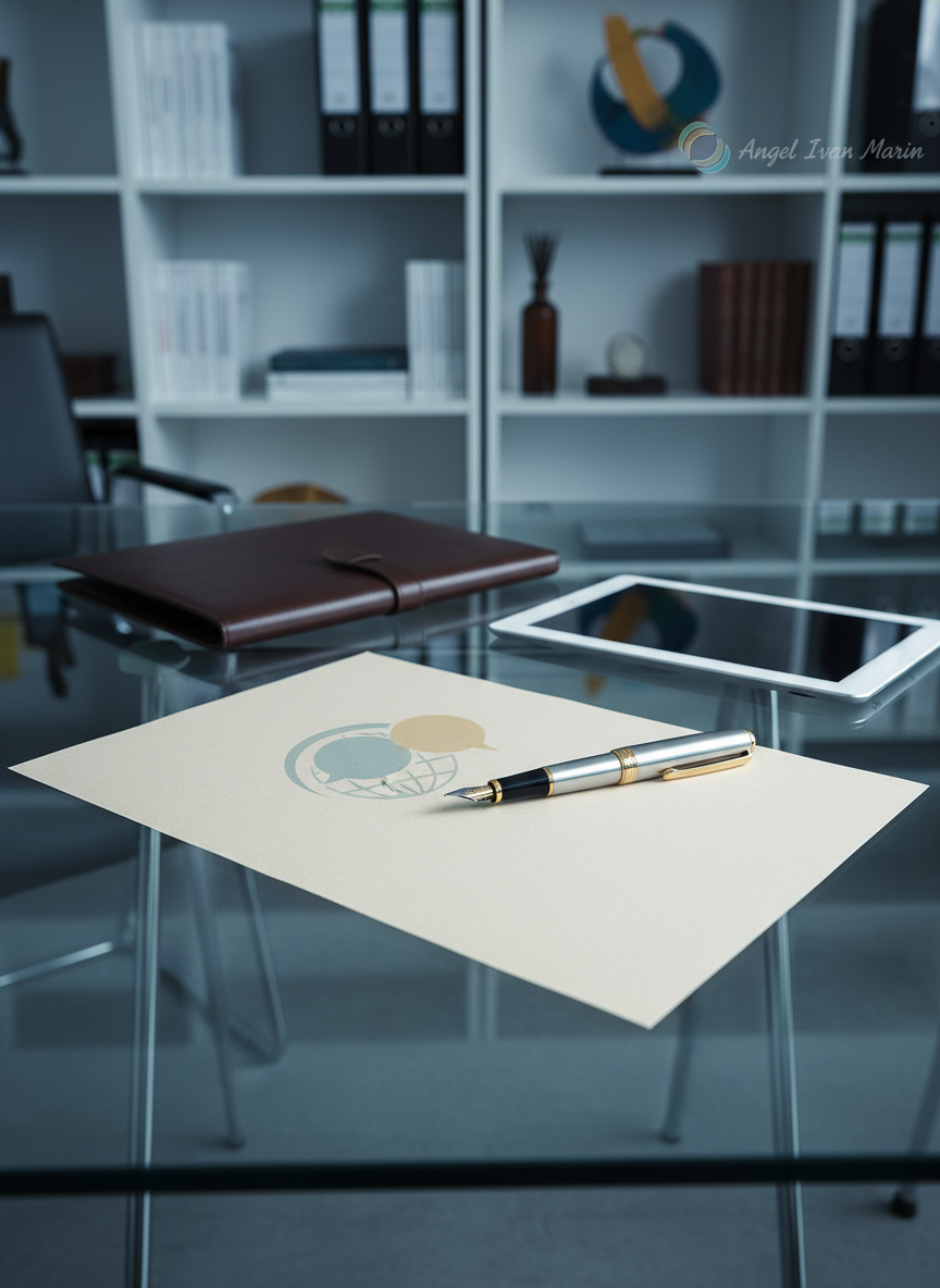 An elegant, glass‑topped desk in a minimalist office, holding a single high‑quality fountain pen resting diagonally across a blank sheet of paper that shows a faint, watermarked globe with two overlapping abstract speech bubbles, hinting at bilingual communication without any legible text. Behind it, a closed leather portfolio and a sleek tablet lie parallel. Cool, diffused studio lighting creates crisp reflections on the glass and subtle shadows, emphasizing order and professionalism. Photographic realism, shot from a slightly elevated angle, with the foreground in sharp focus and the background office shelves rendered as a soft bokeh, suggesting an organized, trustworthy profile for Angel Ivan Marin.