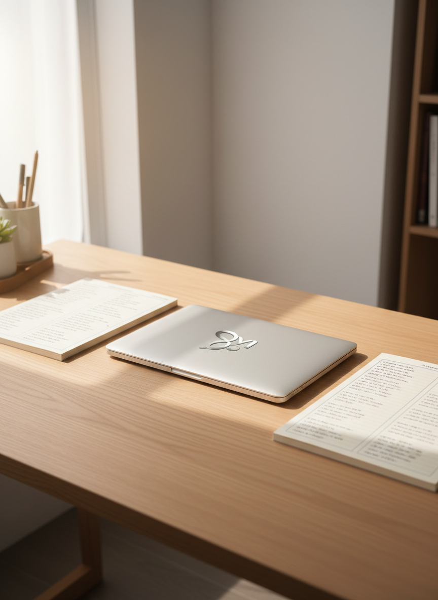 A clean, modern wooden desk with a closed, slim silver laptop at the center, its lid featuring a subtle abstract symbol that represents the initials “A I M” without using text. Around it, neatly arranged bilingual notes are suggested through open notebooks showing side‑by‑side mirrored columns of tiny, unreadable markings. Soft daylight from a large unseen window washes in from the left, creating gentle reflections on the laptop and a calm gradient on the matte white wall behind. Photographic realism, eye‑level composition, medium depth of field keeping desk objects sharp while the background fades into a soft blur, conveying a professional, credible personal profile workspace.