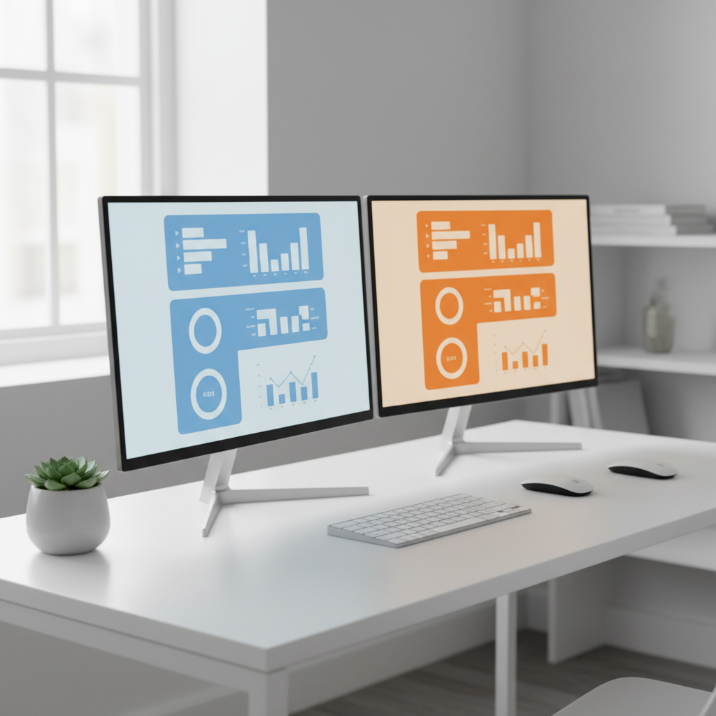 A dual‑screen workstation on a tidy, matte white desk, one ultra‑thin monitor displaying a clean, blue‑and‑white dashboard interface and the other showing a mirrored layout in warm orange tones, symbolizing bilingual perspectives without any readable words. A compact wireless keyboard and mouse sit perfectly aligned, and a small potted plant adds a touch of organic green. Soft, cool daylight enters from a side window, combined with a subtle monitor glow that illuminates the workspace. Photographic realism, shot from a three‑quarter angle with moderate depth of field, conveying a balanced, analytical yet approachable mood that supports Angel Ivan Marin’s professional, bilingual personal profile.