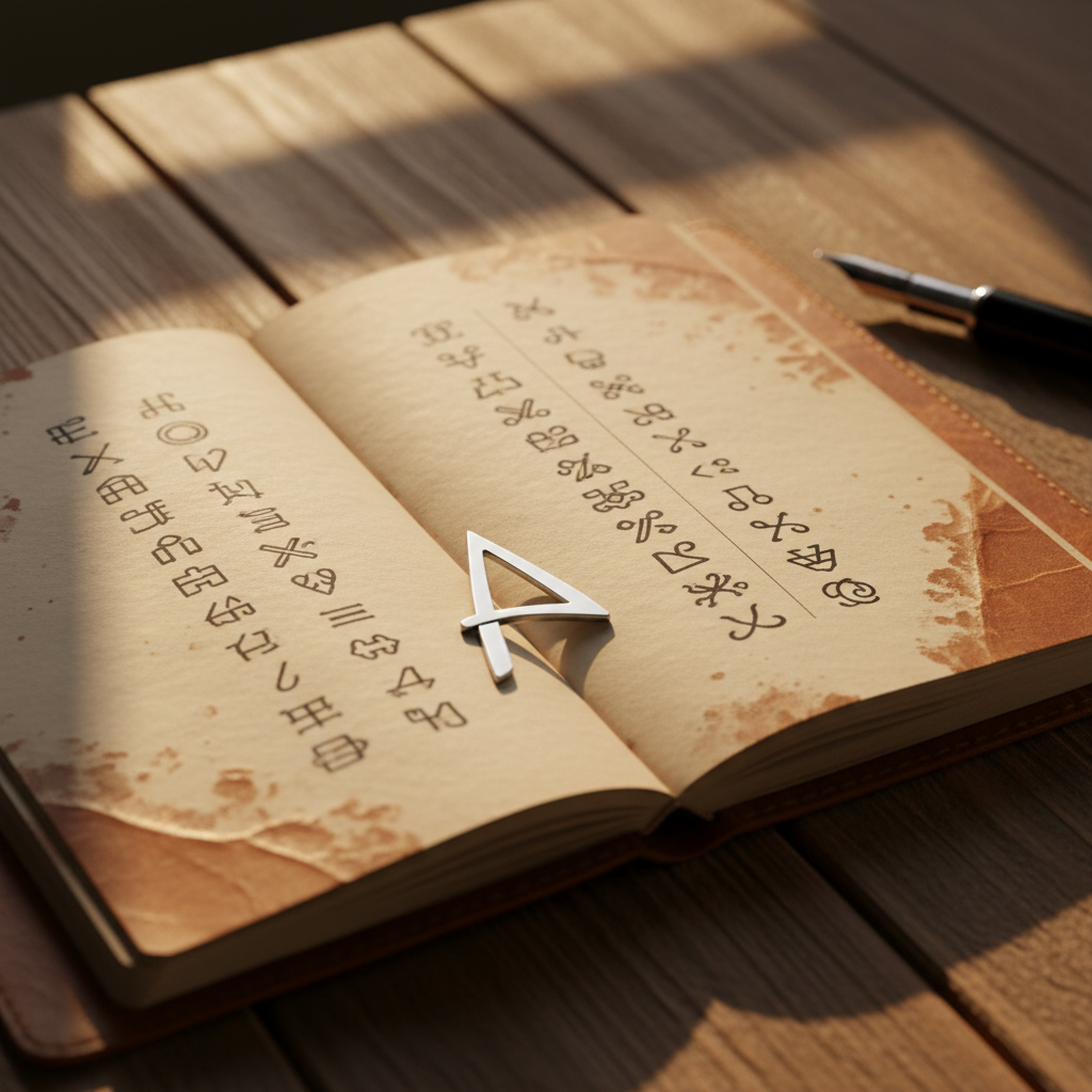A close‑up of an open leather notebook laid on a wooden table, its pages divided vertically into two columns of small, hand‑drawn, unintelligible symbols that mirror one another, evoking Spanish and English side by side. A slim metal bookmark shaped like an abstract “A” rests where the columns meet, subtly hinting at the owner’s initials without clear lettering. Warm, late‑afternoon sunlight streams across from the right, creating soft highlights on the textured paper and casting long, gentle shadows from a nearby pen. Photographic realism, shallow depth of field with only the notebook in sharp focus, creating an intimate, thoughtful atmosphere for a personal profile introduction.