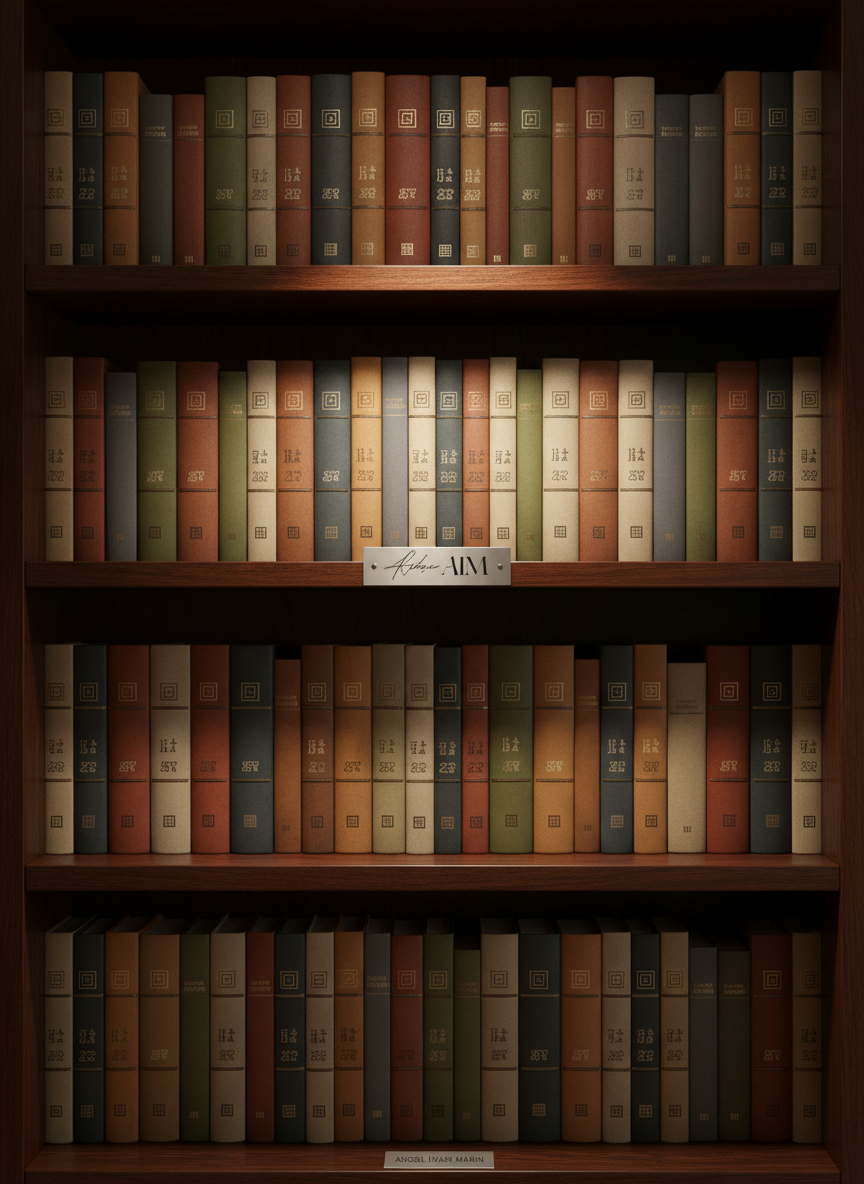 A polished dark wood bookshelf filled with neatly arranged books in coordinated earth‑tone covers, each spine featuring only abstract geometric icons instead of titles, implying varied areas of expertise. At the center shelf, a small metal nameplate shows engraved, indecipherable markings beside a minimalist logo containing stylized letters hinting at "AIM". Warm, directional lighting from a ceiling spotlight creates a focused pool of light on the central shelf, leaving the outer shelves in gentle shadow. Photographic realism, straight‑on composition with subtle vignette around the edges, generating a sophisticated, credible atmosphere suitable for introducing Angel Ivan Marin’s professional background in both Spanish and English.